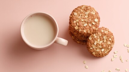 Light pink cup of milk and oatmeal cookies