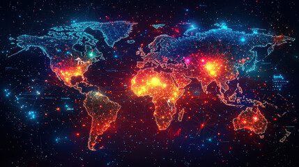 Fototapeta premium A vibrant, abstract digital world map, its intricate lines representing a vast network of interconnected nodes, symbolizing the global exchange of data, information, and ideas. A testament to 