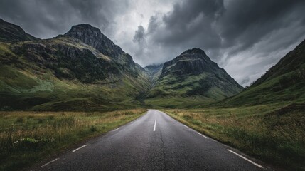 Mountain road under a dramatic sky