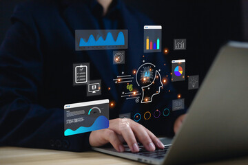 Artificial intelligence and data analytics concept showing AI innovation, business intelligence, and digital transformation with futuristic technology for strategy, analysis, and decision making.