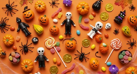 Flat lay of Halloween decorations, candy, pumpkins, and spiders on orange background, festive design