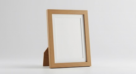 Empty wooden picture frame with a white mat, standing isolated on a clean background. A vertical photo frame mockup for design presentation