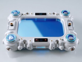 Futuristic white and blue device with control panel and circular elements