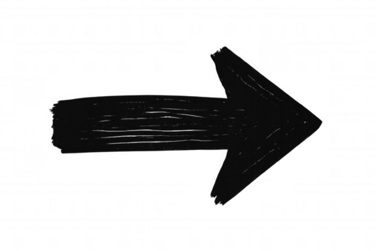 Right-pointing hand-sketched black arrow on transparent background, indicating direction and emphasizing key visual elements in graphic design layouts