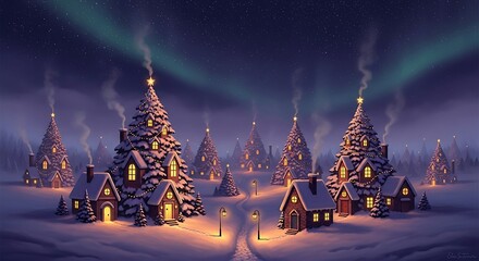 A whimsical winter village scene with snow-covered houses and glowing Christmas trees under the aurora borealis.