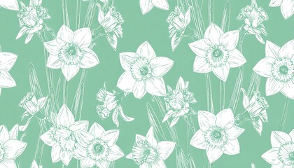 Mint Green Daffodil Floral Seamless Pattern
