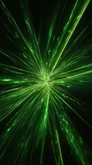 Fototapeta premium Emerald green light streaks radiate outwards from a central point against a black background, creating a dynamic, energetic burst of light