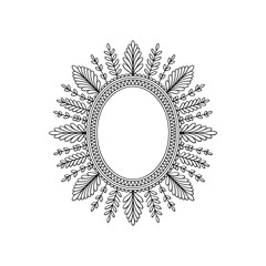 Intricate oval mandala frame design with decorative floral and leafy elements in black and white white background