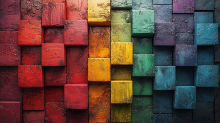 A vibrant, abstract panorama unfolds as a textured wall, adorned with 3D wood cubes painted in a kaleidoscope of rainbow colors. This generative AI illustration captures the essence of a dynamic 
