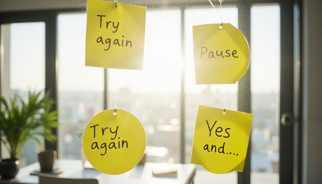 Sticky notes on dirty glass with phrases like “Try again,” “Pause,” “Yes and…”  