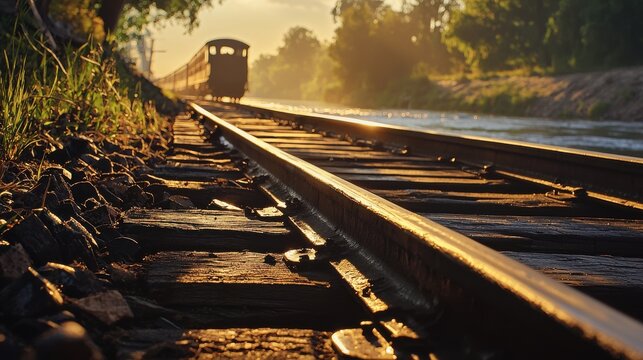 Riverside tracks showing classic locomotive emerging from atmospheric golden hour lighting, close-up perspective of wooden railway ties and steel rails beside flowing water