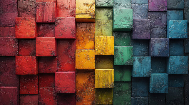 Fototapeta A vibrant, abstract panorama unfolds as a textured wall, adorned with 3D wood cubes painted in a kaleidoscope of rainbow colors. This generative AI illustration captures the essence of a dynamic 