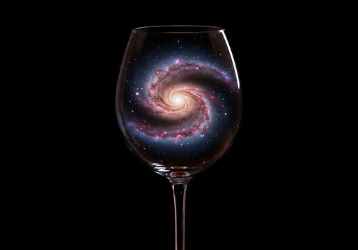 A galaxy inside a wine glass against a black background, conceptual art