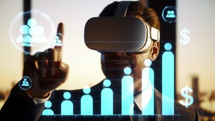 Businessman in VR Headset Interacting with Holographic Financial Data and Business Analytics - Powered by Adobe