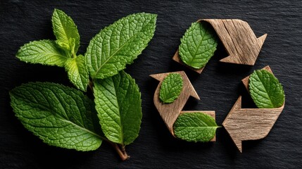 Fresh mint leaves arranged around a wooden recycle symbol on dark slate