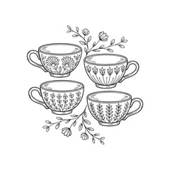 Four antique decorative teacups with floral sprigs in a charming sketch style white background