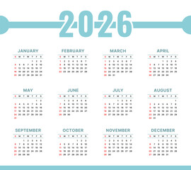 Vector 2026 Year Calendar Printable Template