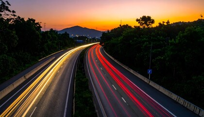A long-exposure photo of a highway at dusk, showing the bright light trails of passing cars, with a lush, green landscape and a mountain silhouetted against a golden sky.