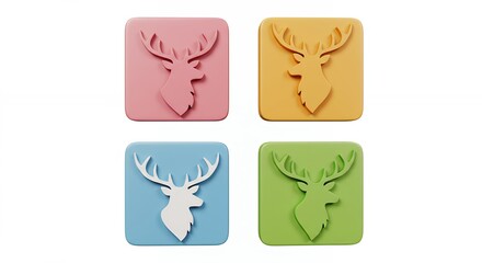 Four colorful square deer head shapes for design and decoration