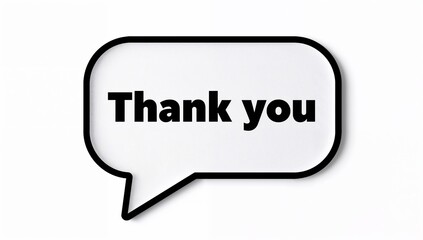 Minimalist speech bubble containing bold thank you text displayed upon the clean white background, emphasizing gratitude featuring simple design and strong contrast