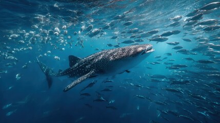 Naklejka premium Large whale shark swims among a school of fish in crystal clear ocean waters during daylight