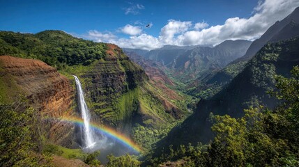 Obraz premium Majestic waterfall cascades into lush valley with vibrant rainbow above