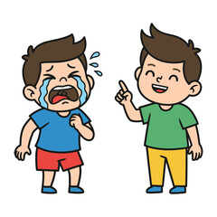 Mischievous Moments: An illustration captures a dramatic interaction between two young boys, with one crying tears while the other points, a playful expression of mischievousness.