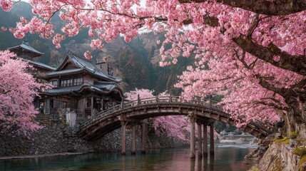 Fototapeta premium Cherry blossoms bloom around traditional Japanese architecture in a tranquil riverside setting