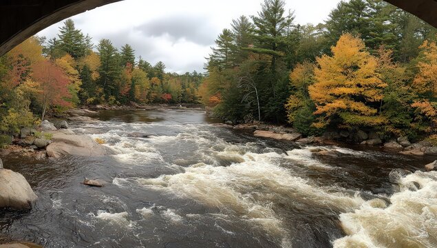 Autumn Foliage Rapids River View From Bridge Arch