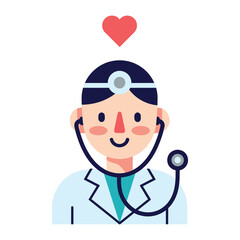 Fototapeta premium The Compassionate Doctor: A cheerful doctor, portrayed in an appealing flat design, with a stethoscope and a floating heart, embodies the essence of healthcare, kindness, and medical professionalism.