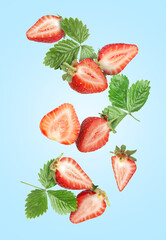 Cut fresh juicy strawberries with green leaves falling on light blue background