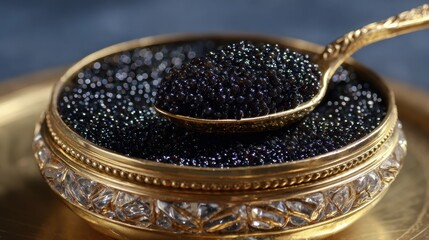 Luxurious caviar served in a decorative dish with a golden spoon at an elegant dining setting
