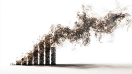 Rising bar chart made of ash with smoke depicting growth and ideas on a white background