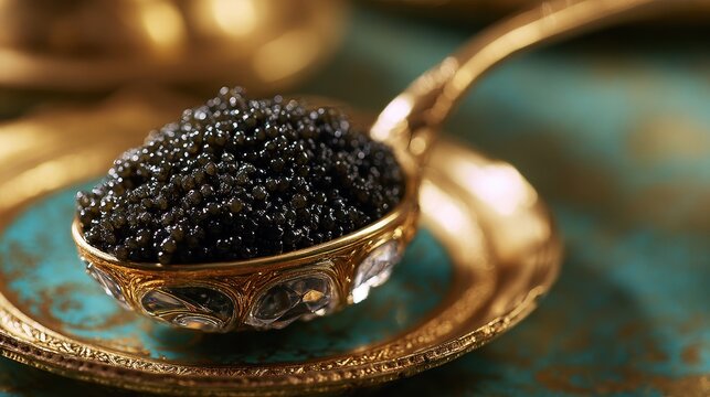 Exquisite black caviar served on a decorative gold spoon for a luxurious dining experience