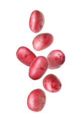 Fresh red potatoes falling on white background