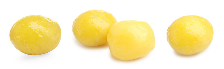 Tasty boiled potatoes isolated on white, set