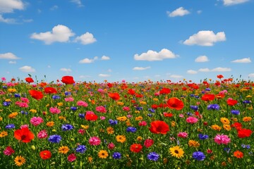 A vibrant field of wildflowers under a bright blue sky filled with fluffy white clouds, creating a picturesque scene of summer beauty and natural splendor in the idyllic countryside, showcasing the co