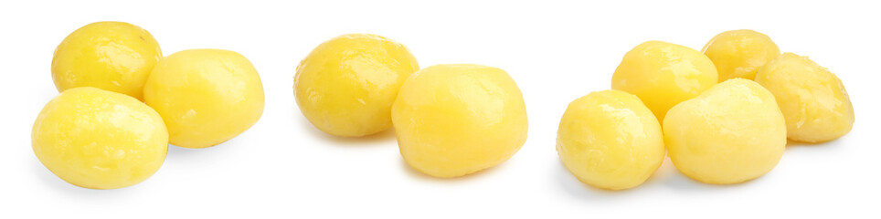 Tasty boiled potatoes isolated on white, set