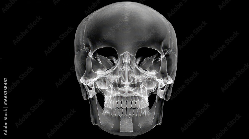 Poster Human skull displayed with detailed view of structure and features in a dark background