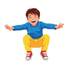 Joyful Jump: A cheerful child, his eyes alight with mirth and excitement, leaps into the air in a moment of pure, unadulterated glee.