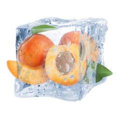 Ripe apricot fruits in ice cube isolated on white. Frozen food