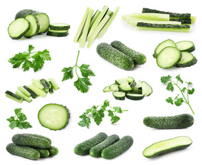 Fresh cucumbers and parsley isolated on white, collage