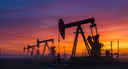 Silhouette of oil pumps working diligently against a vibrant, colorful sunset, extracting resources from the earth, showcasing energy production.