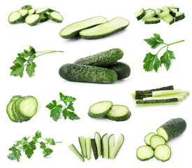 Fresh cucumbers and parsley isolated on white, collage