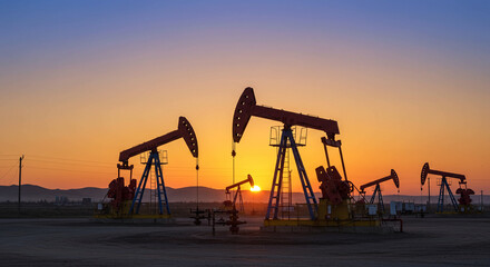 Silhouette of several oil pumps working diligently against a vibrant sunset, extracting resources from the earth, providing energy.