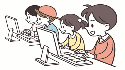Cartoon Children Learning on Computers in a Classroom Setting.