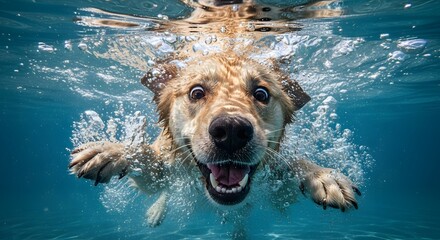 Joyful golden retriever dog swimming underwater, kicking its paws and creating a trail of bubbles with a happy expression.