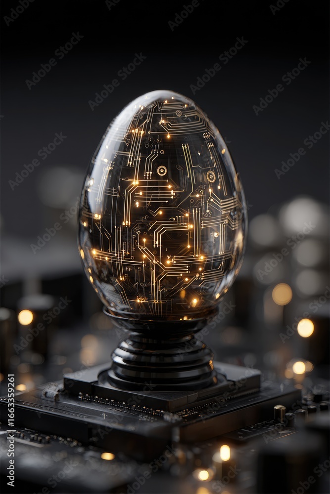 Poster a glowing circuit board pattern encased within a translucent egg-shaped sphere sits atop a dark meta