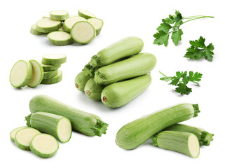 Fresh ripe zucchini with parsley isolated on white, collage