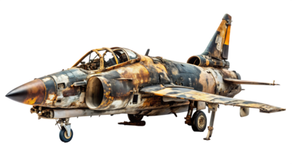 Damaged military jet fighter with burnt fuselage and cockpit on background isolated on a transparent background